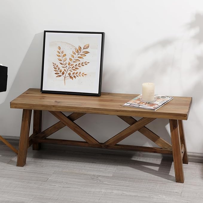 Wnutrees 43" Farmhouse Wood Bench, Rustic Solid Wood Entryway Bench Seat by Wnutrees