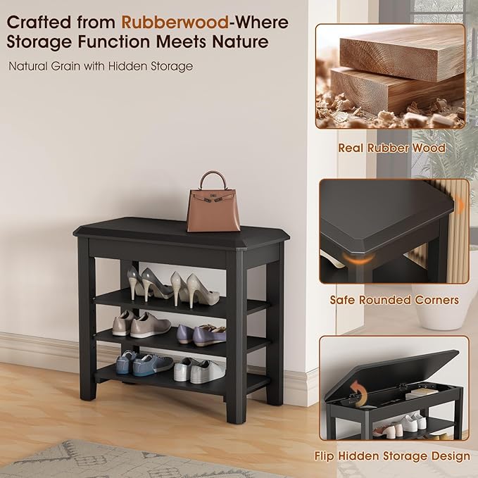 Shoe Rack Bench Seat Rubberwood 3-Tier Wooden Storage Bench 550lbs Compact - Image 6