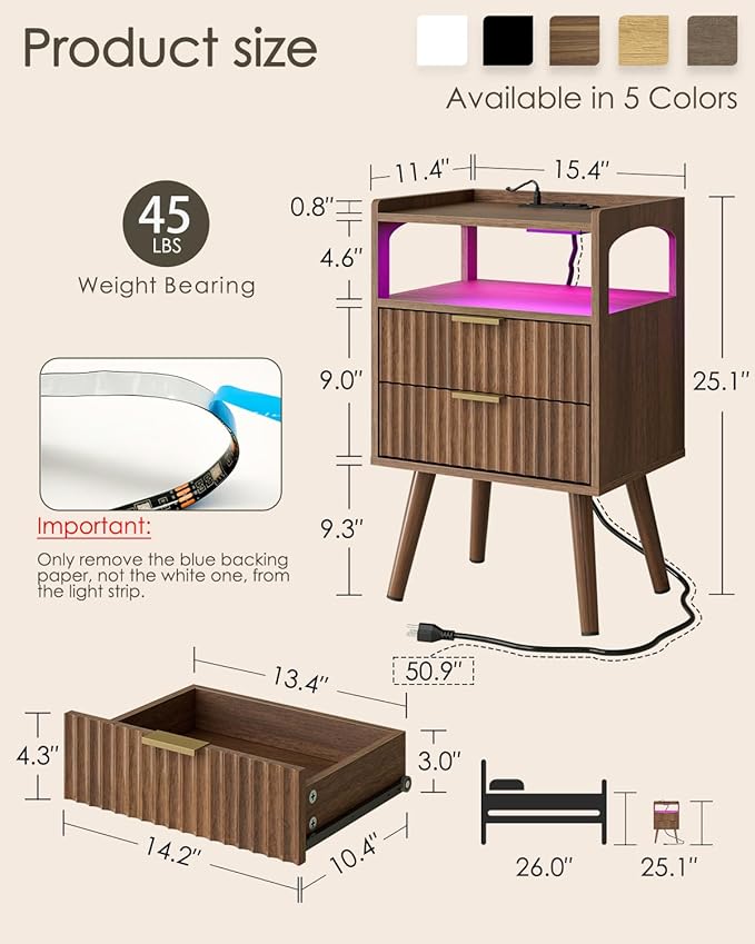 Nightstand with Charging Station and LED Lights, Modern Bedside Table with - Image 2