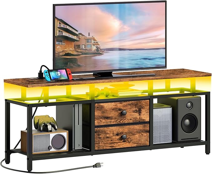 TV Stand with LED Light and Power Outlets, Entertainment Center with Fabric by Yatiney