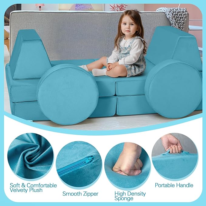MeMoreCool Modular Kids Play Couch Sofa, 8-Piece Convertible Turquoise Toddler - Image 6