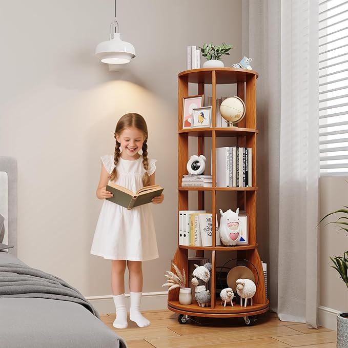 4 Tier Rotating Bookshelf with Brake Wheels, 360° Spinning Bookcase, Vertical - Image 2