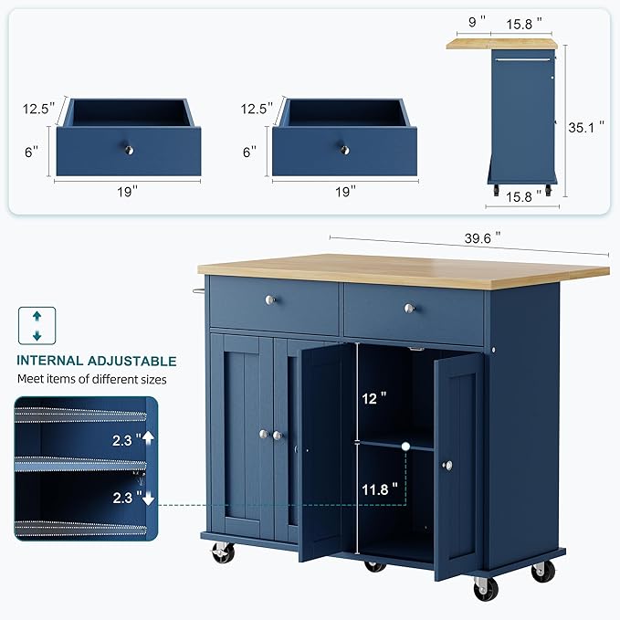 Shintenchi Kitchen Island with Drop Leaf, Rolling Kitchen Cart with Storage on - Image 3