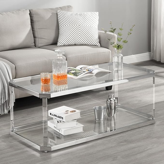 Glass Top Coffee Table, Sliver Rectangle Coffee Table Glass Top by MINPINSER