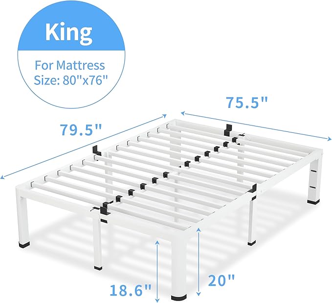 18 Inch King Size White Bed Frame, 3500Lbs Heavy Duty Metal Platform - Image 3