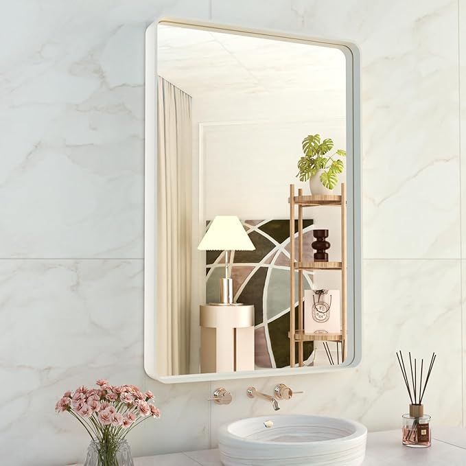WEER White Bathroom Mirror 24X36 Inch, Rounded Rectangle White Metal Frame by WEER