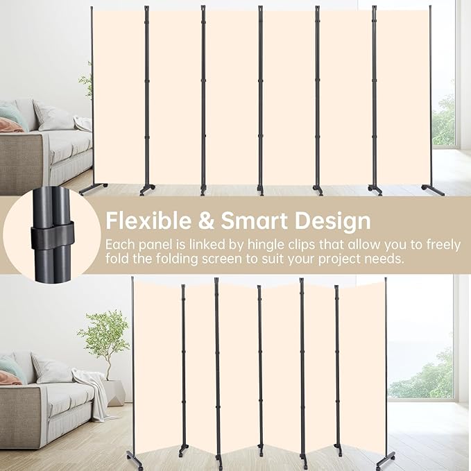 Room Divider 6 Panel Room Dividers/Wheels, Fabric Room Divider Panel - Image 5