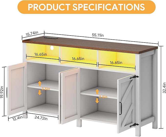 Buffet Sideboard with Storage with Power Outlets & LED Light 4 Doors, Dining - Image 2