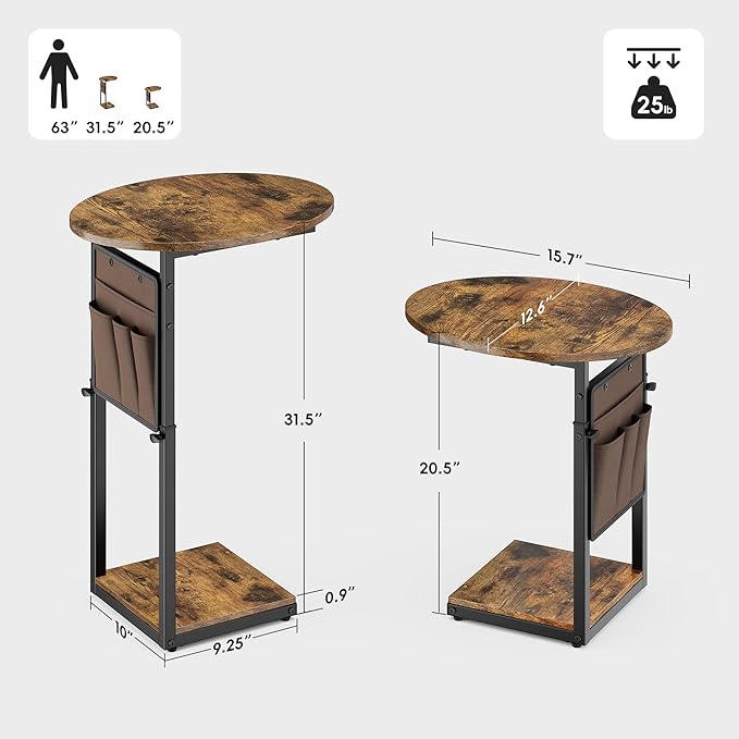 Vagusicc C Shaped End Table, Adjustable Height Small Side Table - Image 2
