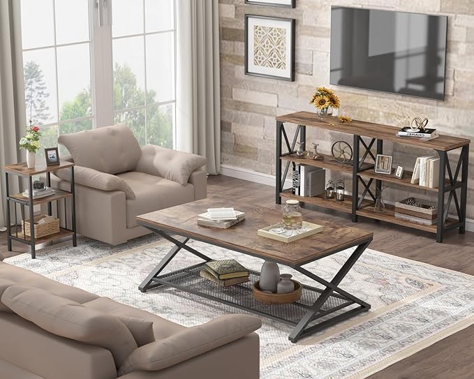 LVB Rustic Coffee Table with Storage, Industrial Wood Metal 2 Tier Center - Image 7