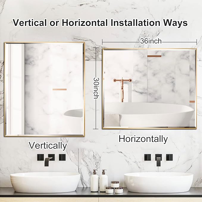 30x36 Inch Gold Mirror with Beveled Trim, Aluminum Frame Bathroom Vanity Mirror - Image 4