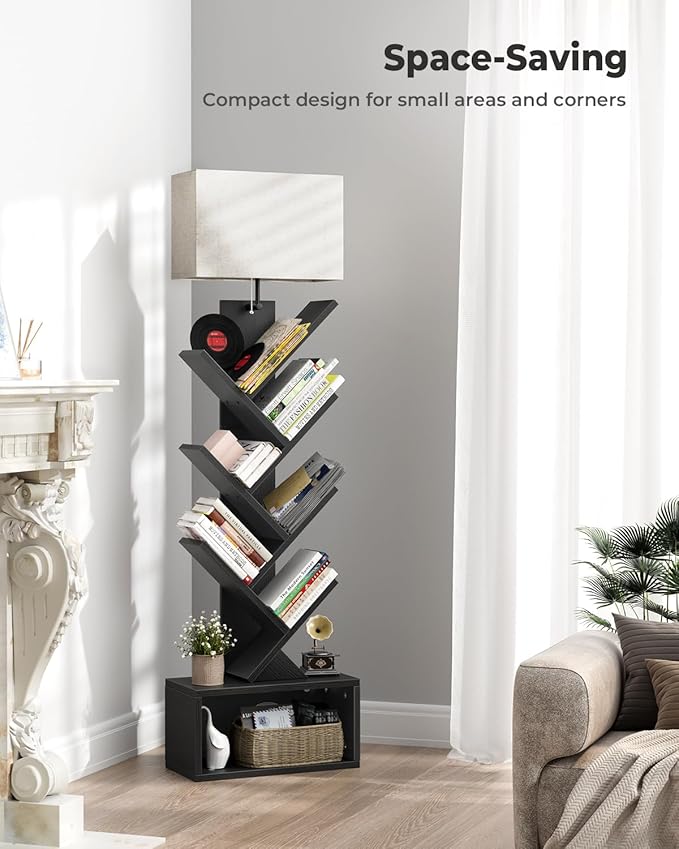 6 Tier Tree Bookshelf with Light, Narrow Bookcase Tower, Tall Floor Standing - Image 6