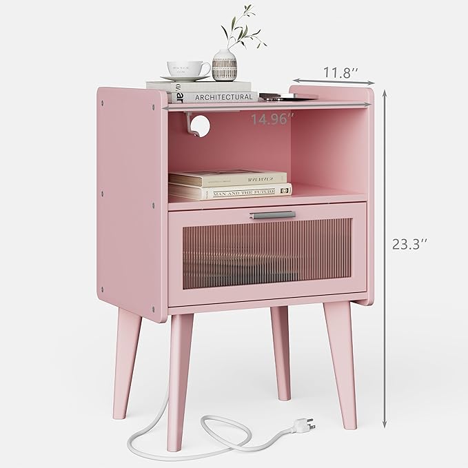 Nightstand with Charging Station, Bedside Tables Pink End Table Side Table with - Image 2