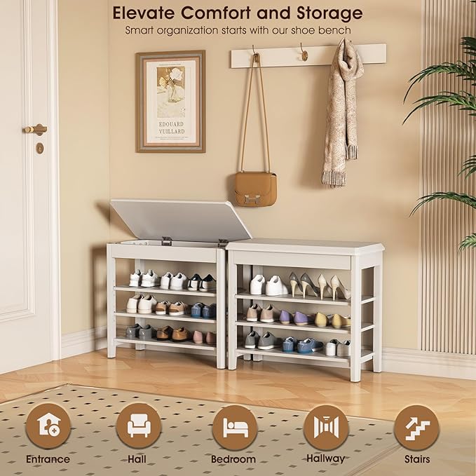 Shoe Rack Bench Seat Rubberwood 3-Tier Wooden Storage Bench 550lbs Compact - Image 3