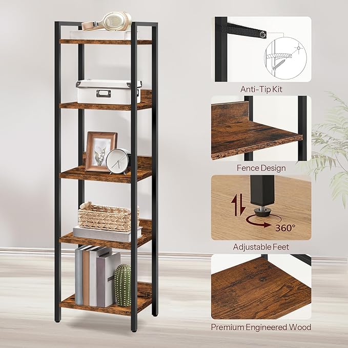 Bookshelf, 5-Tier Bookcase, Standing Book Shelf - Image 5