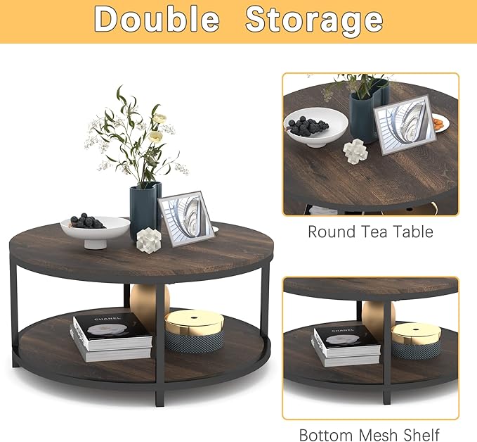 NSdirect 36 inches Round Coffee Table, Rustic Wooden Surface Top & Sturdy Metal - Image 4