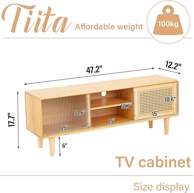 Tiita Rattan TV Stand for 55 Inch TV, Bamboo TV Cabinet - Image 2