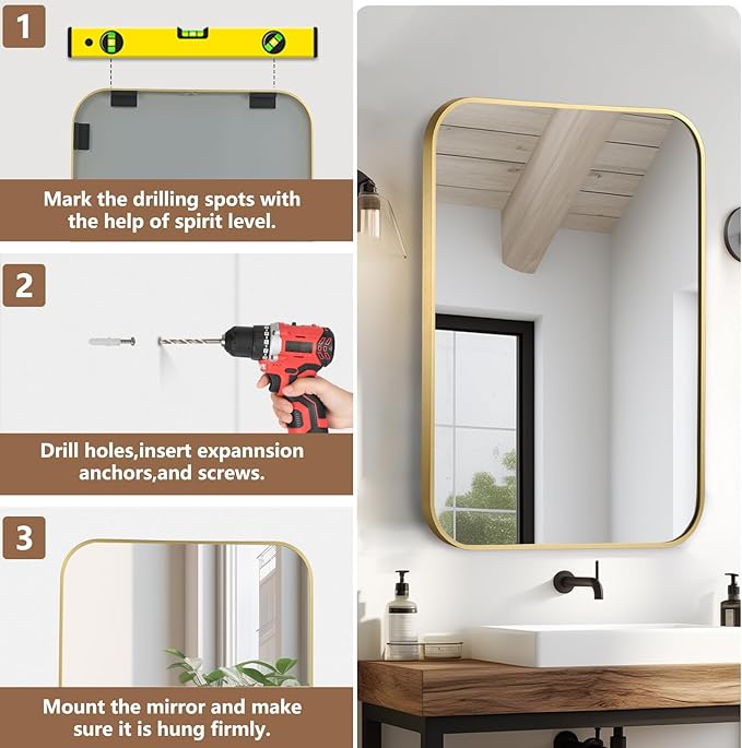 Brushed Gold Mirror, Metal Frame Rectangle Corner Vanity Mirror, Wall Mounted - Image 5