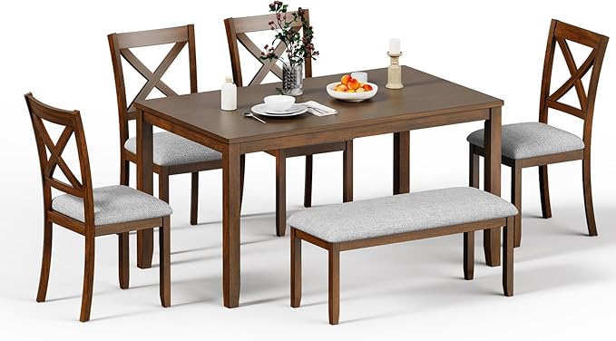 6-Piece Solid Wood Dining Table Set, Including 1 Dining Table, 4 Upholstered - Image 7