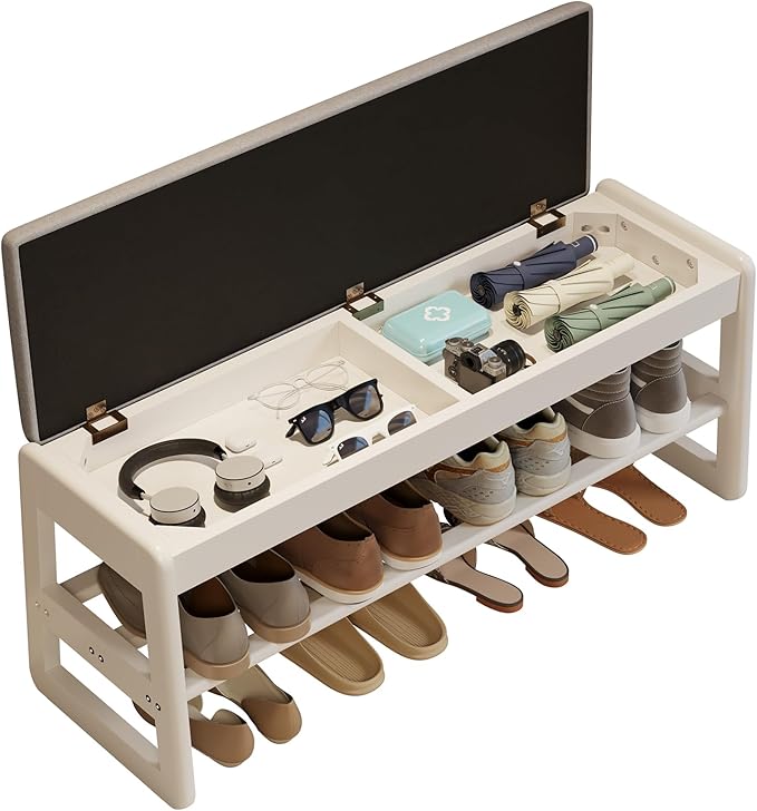 Shoe Rack Bench with Cushion, 2 Tiers Shoe Bench with Flip-Top Storage by AQIMUELE-Solidwoodfurniture