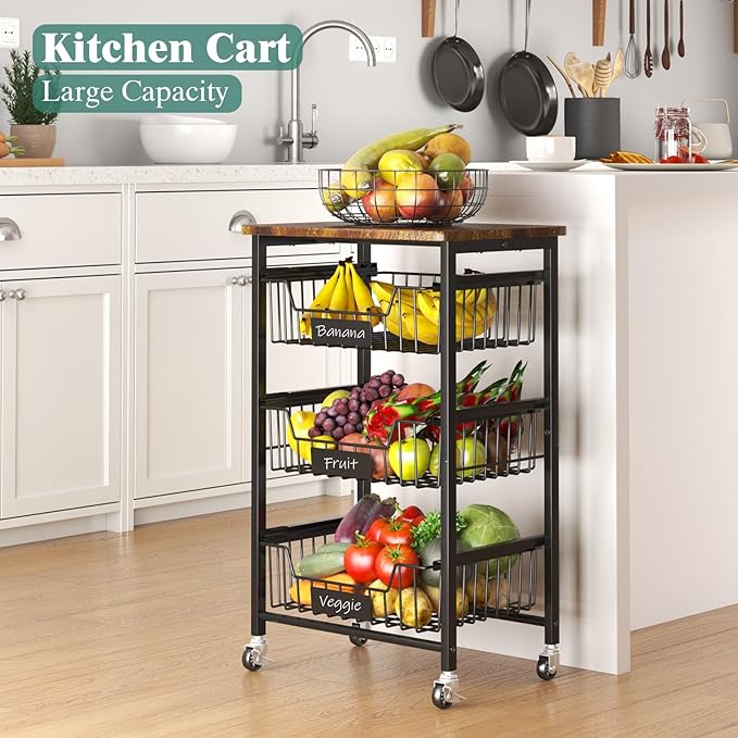 4-Tier Vegetable Fruit Basket Kitchen Storage Rolling Cart on Wheels - Image 2