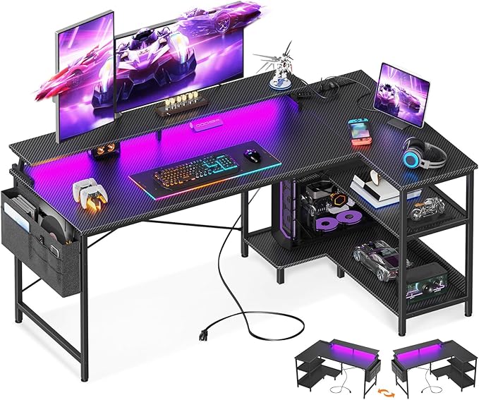 ODK 58 Inch Gaming Desk with USB Charging Ports and LED Lights, Reversible L by ODK