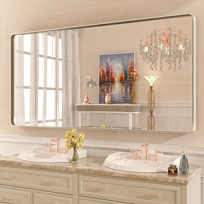 WEER 60X30 Inch Brushed Nickel Bathroom Mirror, Brushed Silver Metal Frame by WEER