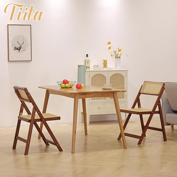 Tiita Rattan Dining Chairs Set of 2, Mid Century Modern Folding Chair, Bamboo - Image 2