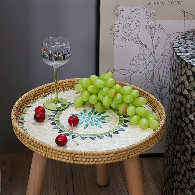 Rattan Round Side Table, Mother of Pearl Inlay Table, Round End/Side Tables - Image 9