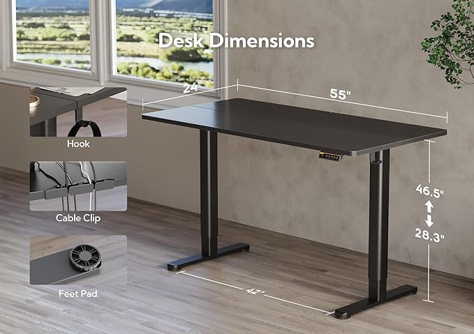 Claiks Electric Standing Desk, Adjustable Height Stand up Desk, 55x24 Inches - Image 3