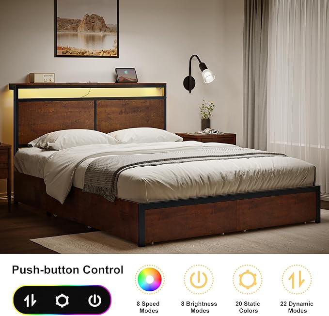 Full Bed Frame with Storage Headboard and 4 Drawers Bed Frame Full Size with - Image 5