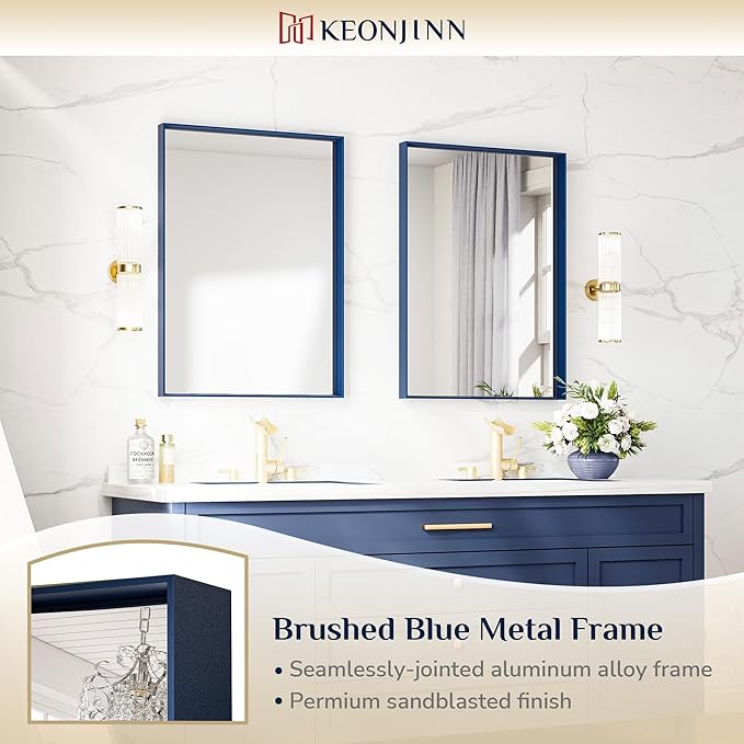 Keonjinn Blue Bathroom Mirror 22 x 30 in, Metal Framed Rectangular Wall Mirror - Image 6