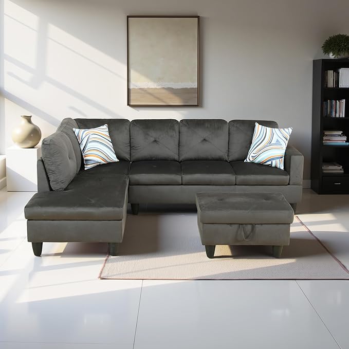 L Shaped Couch Modern Sectional Couch Upholstered Flannel Fabric 3 Pieces Sofas by LynginsCreativeLife