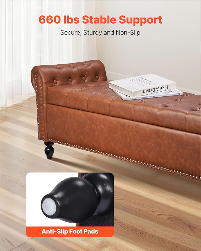 VEVOR Button-Tufted Storage Ottoman Bench, Rolled Arm PU Leather Bench - Image 4