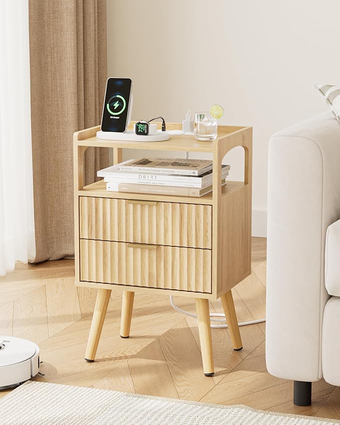 Nightstand with Charging Station and LED Lights, Modern Bedside Table with - Image 8