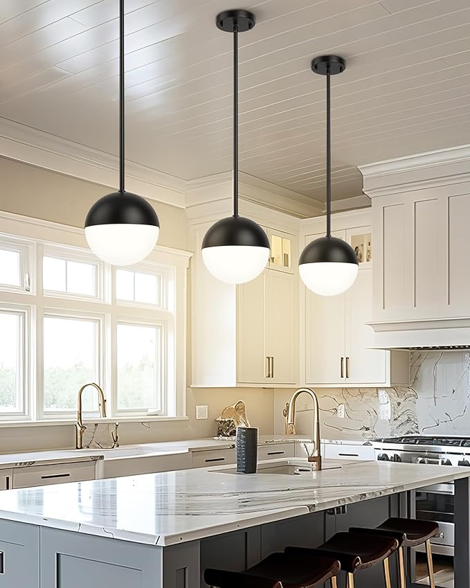LMS 2 Pack Mid Century Pendant Lights, Matte Black Kitchen Island Light Fixtures - Image 2