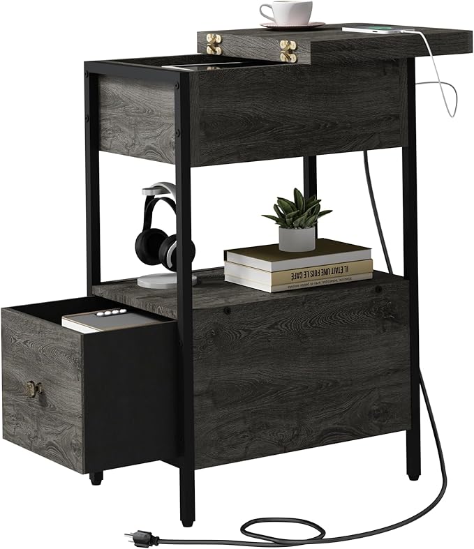 SOOWERY End Table with Charging Station, Narrow Side Table with Flip Top by SOOWERY