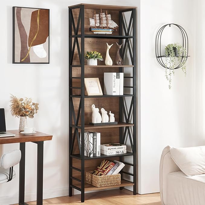 HOMISSUE Tall Bookshelf, 7-Tier Book Shelf, Rustic Wood Metal Bookshelves and - Image 4