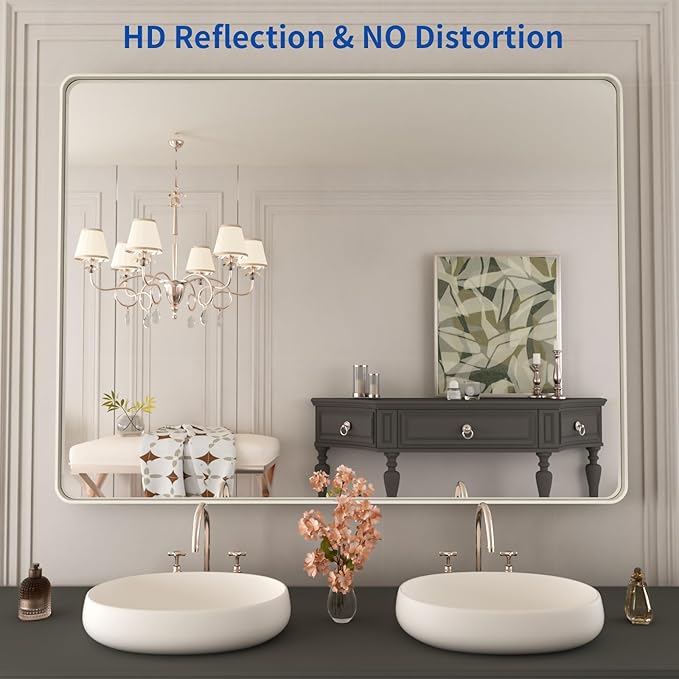 WEER 48X36 Inch Brushed Nickel Bathroom Mirror, Brushed Silver Metal Frame - Image 2