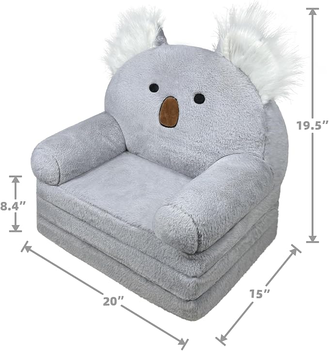 Toddler Chair with Faux Rabbit Fur – 2-in-1 Foldable Kids Couch, Koalas Design - Image 3