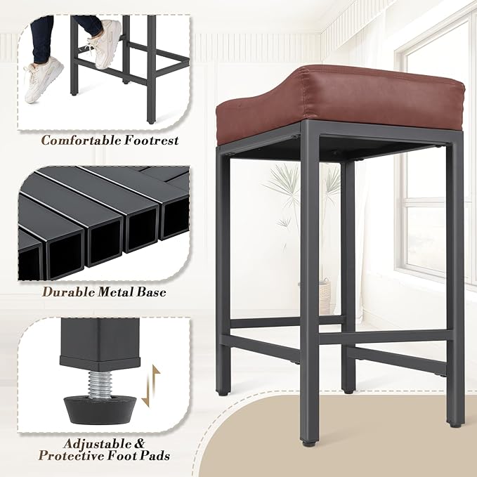 Athena Collection Counter Height Bar Stools Set of 2, 26 Inches Saddle Bar - Image 6