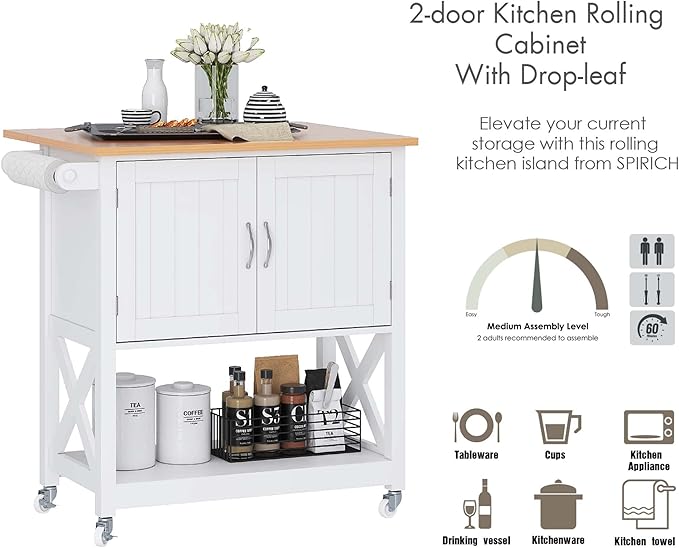 Spirich Kitchen Island on Wheels, Rolling Kitchen Cart - Image 4