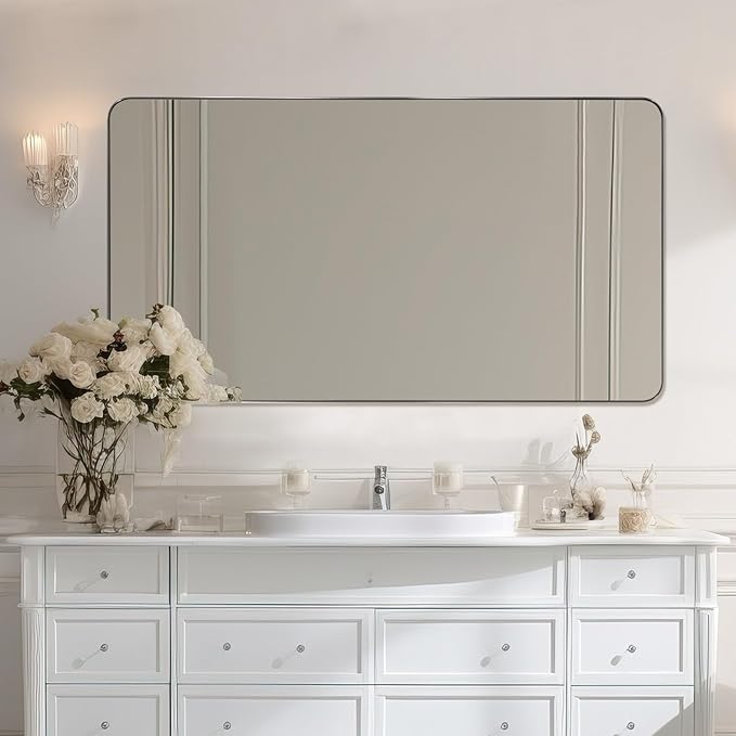 Brushed Nickel Bathroom Mirror, 24x40 Rounded Rectangle Mirror Modern Bathroom by Mirrorartmirror