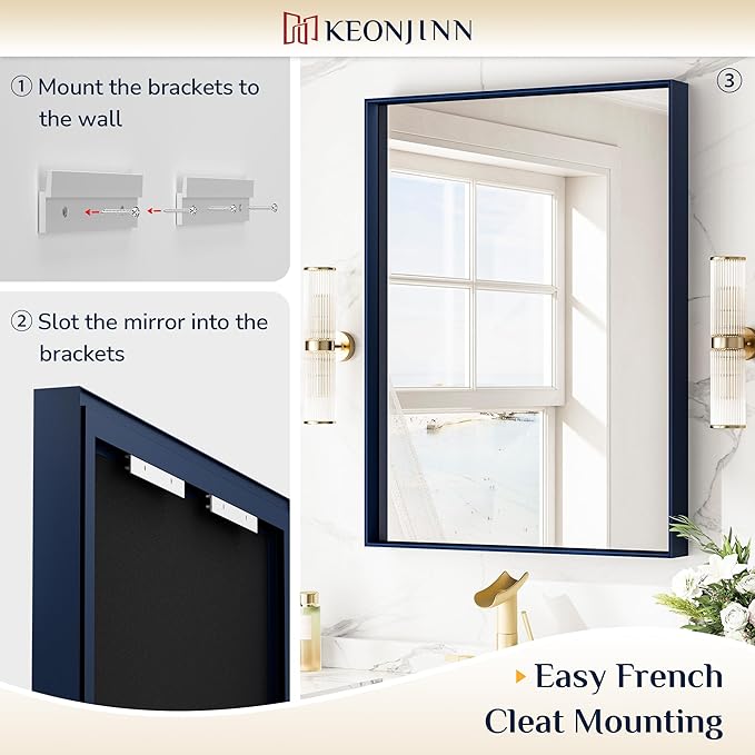 Keonjinn 42 x 36 Inch Blue Framed Mirror Bathroom Vanity Mirror - Image 4