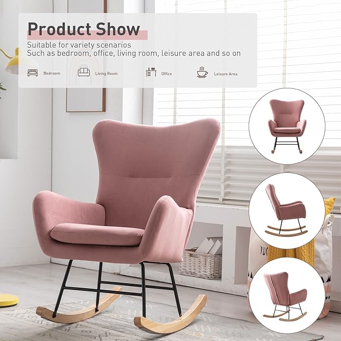 Phoenix Home Rocking Chair Nursery Velvet Upholstered Glider Rocker Rocking - Image 5