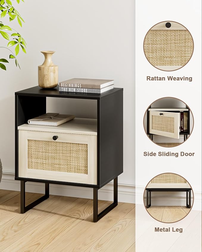 Rattan Nightstand, Boho Night Stand Farmhouse Wood Bedside Table - Image 3