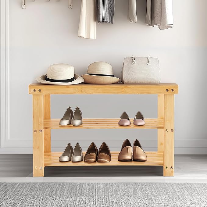 Sweetcrispy Shoe Rack Bench, 3-Tier Bamboo Entryway Storage Organizer, 286lb - Image 2