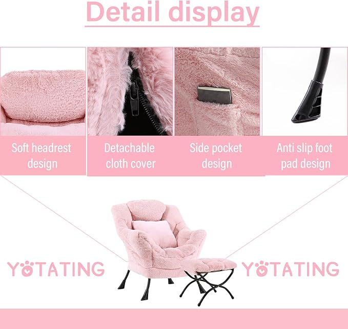 Lazy Chair with Ottoman, Comfy Reading Lounge Chair with Footstool & Throw - Image 4