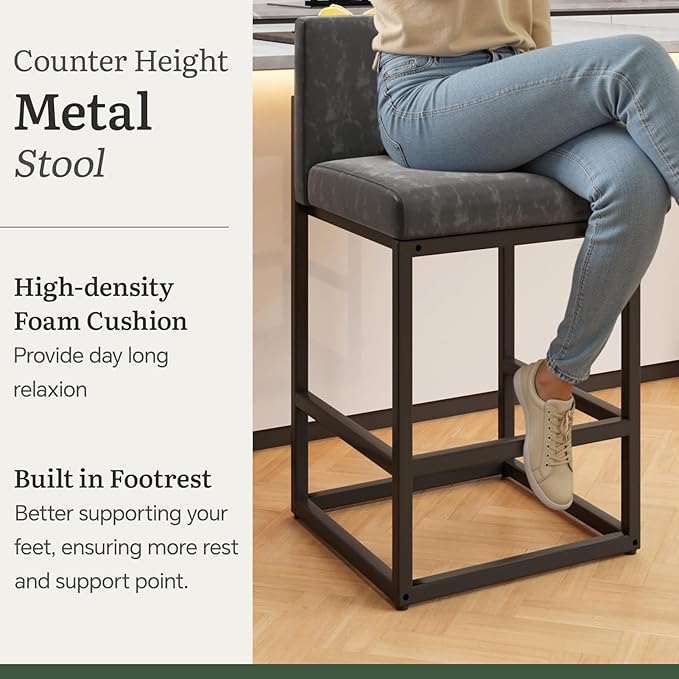 Barstools Set of 2 Grey Metal Bar Stools Modern Bar Chairs Pu Leather - Image 8