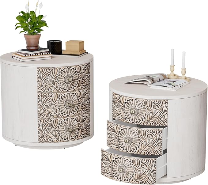 COSIEST Bedside Table Set of 2, Wood Nightstand 3 Drawers, Farmhouse Round End by COSIEST